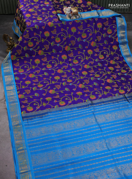Silk cotton saree blue and cs blue with allover pichwai prints and zari woven korvai border