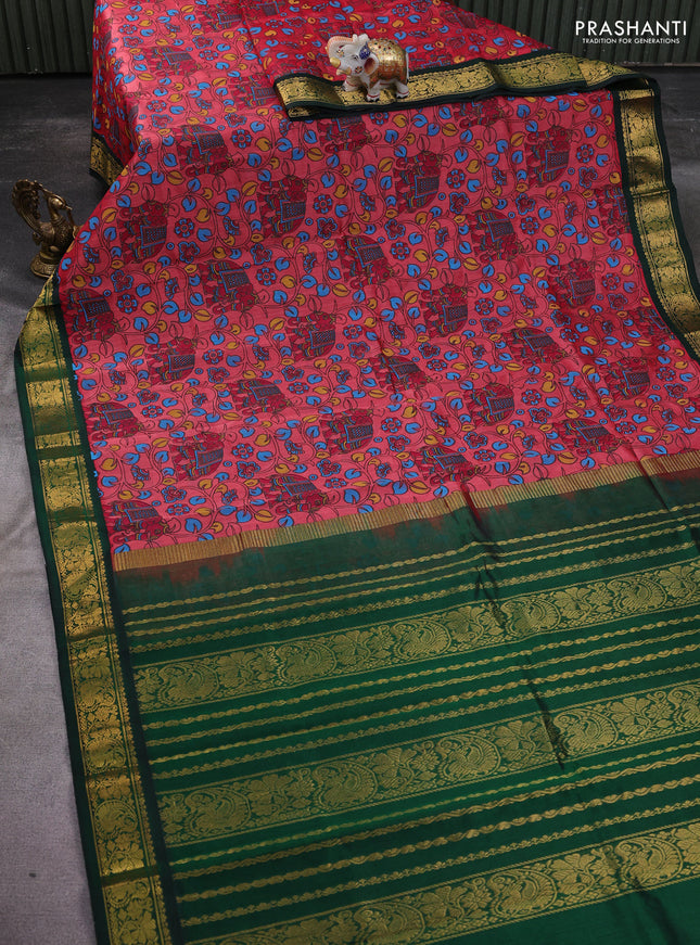 Silk cotton saree peach red and bottle green with allover kalamkari prints and paisley zari woven korvai border