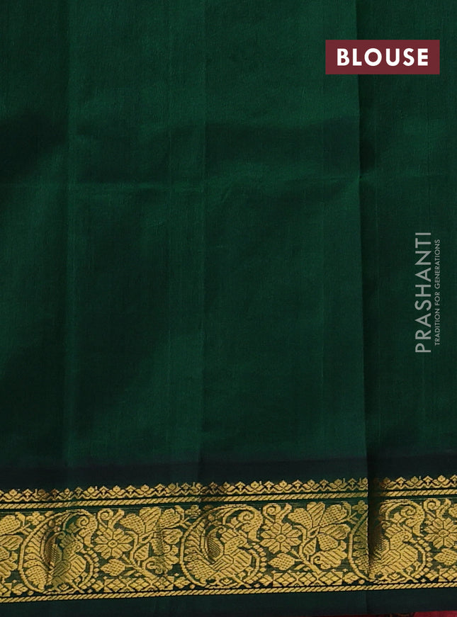 Silk cotton saree peach red and bottle green with allover kalamkari prints and paisley zari woven korvai border