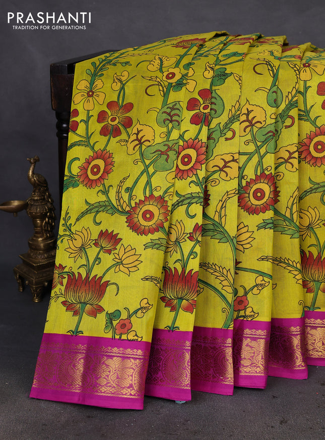 Silk cotton saree lime yellow and purple with allover kalamkari prints and zari woven korvai border