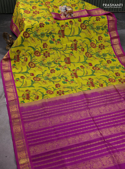 Silk cotton saree lime yellow and purple with allover kalamkari prints and zari woven korvai border
