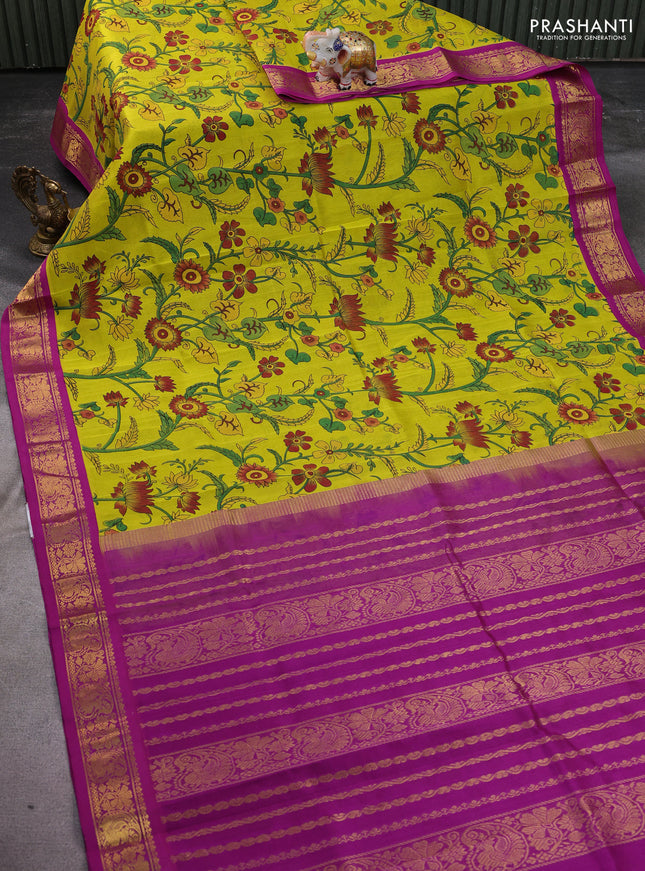 Silk cotton saree lime yellow and purple with allover kalamkari prints and zari woven korvai border