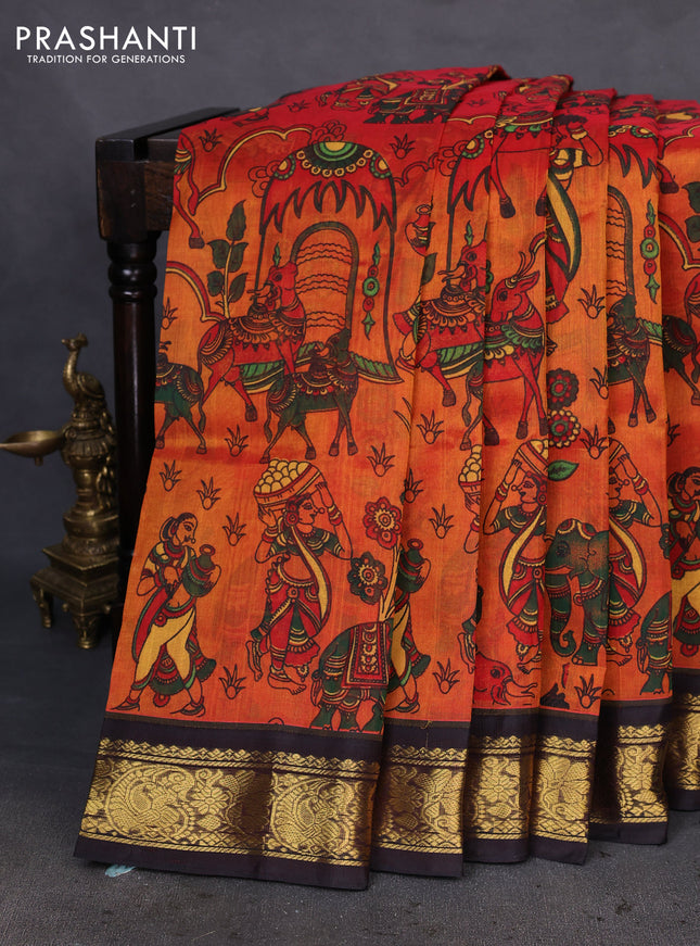 Silk cotton saree sunset orange and coffee brown with allover kalamkari prints and zari woven korvai border