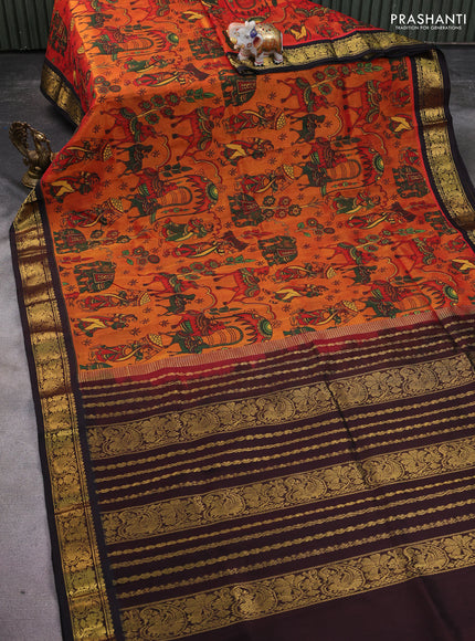 Silk cotton saree sunset orange and coffee brown with allover kalamkari prints and zari woven korvai border