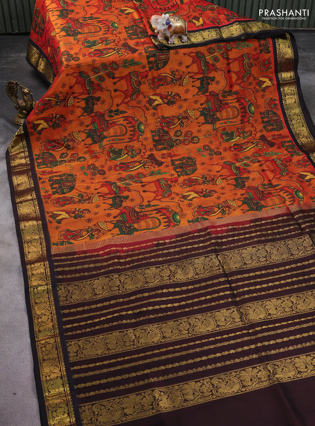 Silk cotton saree sunset orange and coffee brown with allover kalamkari prints and zari woven korvai border