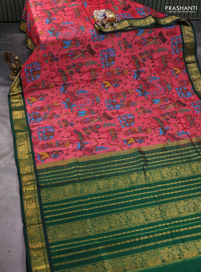 Silk cotton saree peach red and bottle green with allover kalamkari prints and zari woven korvai border