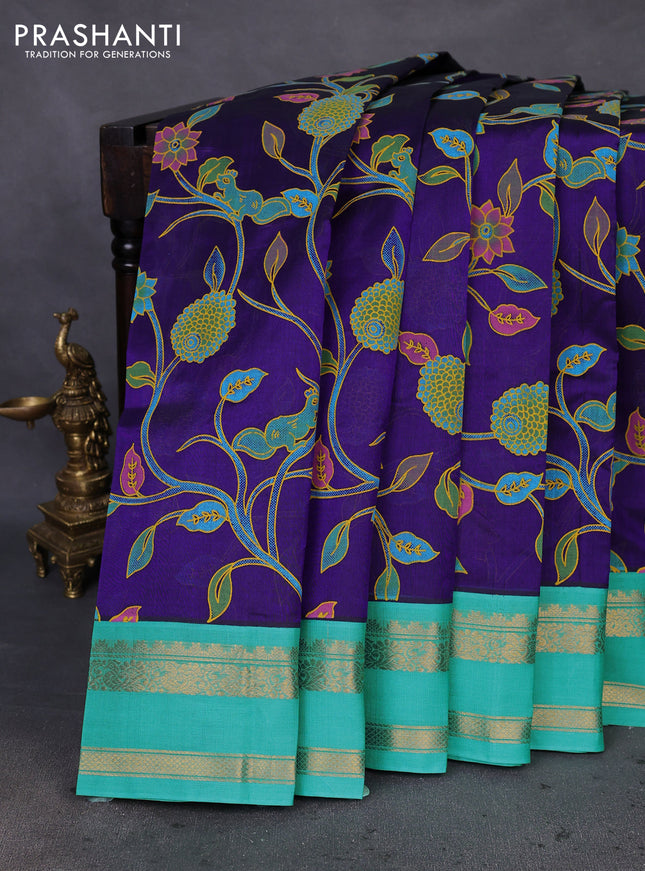Silk cotton saree blue and teal green with allover kalamkari prints and rettapet zari woven korvai border