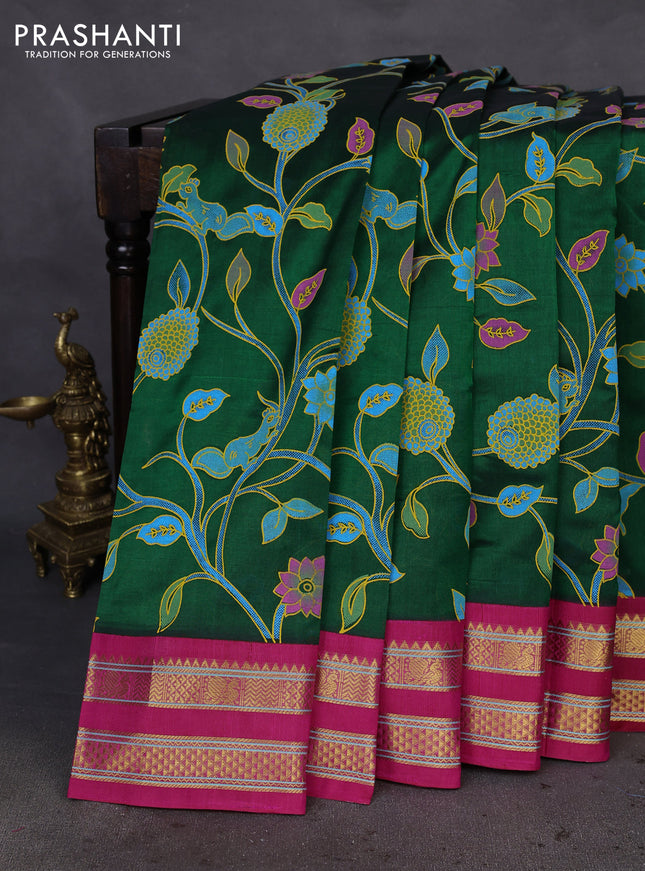 Silk cotton saree green and pink with allover kalamkari prints and rettapet zari woven korvai border