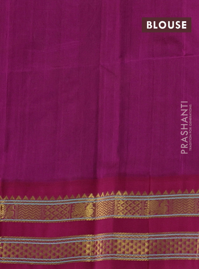 Silk cotton saree green and pink with allover kalamkari prints and rettapet zari woven korvai border