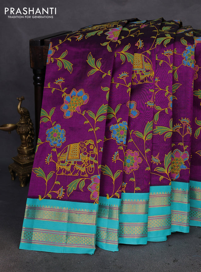 Silk cotton saree purple and teal blue with allover kalamkari prints and rettapet zari woven korvai border