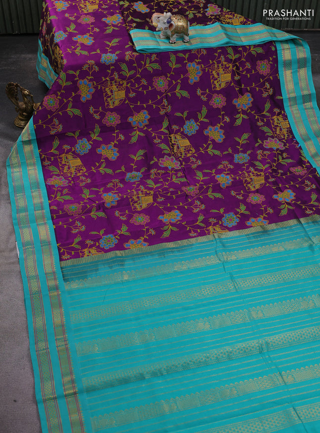 Silk cotton saree purple and teal blue with allover kalamkari prints and rettapet zari woven korvai border