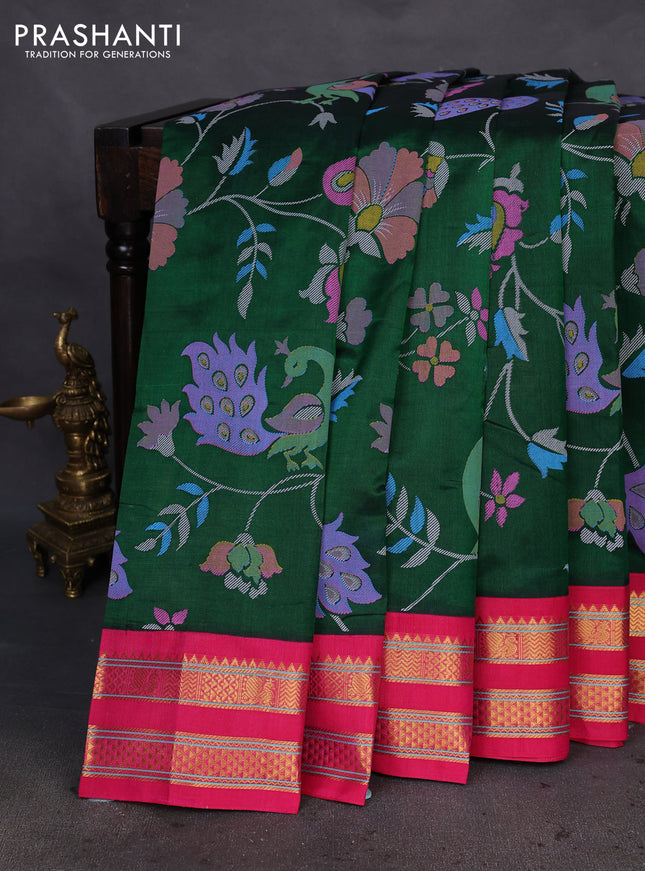 Silk cotton saree green and pink with allover kalamkari prints and rettapet zari woven korvai border