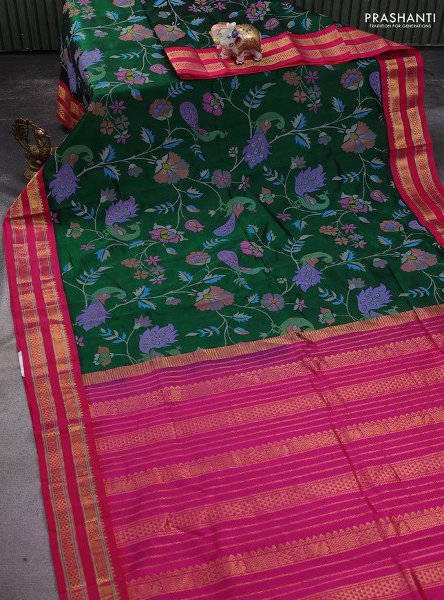 Silk cotton saree green and pink with allover kalamkari prints and rettapet zari woven korvai border