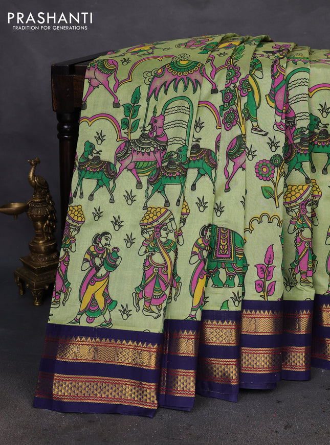 Silk cotton saree pista green and navy blue with allover kalamkari prints and rettapet zari woven korvai border