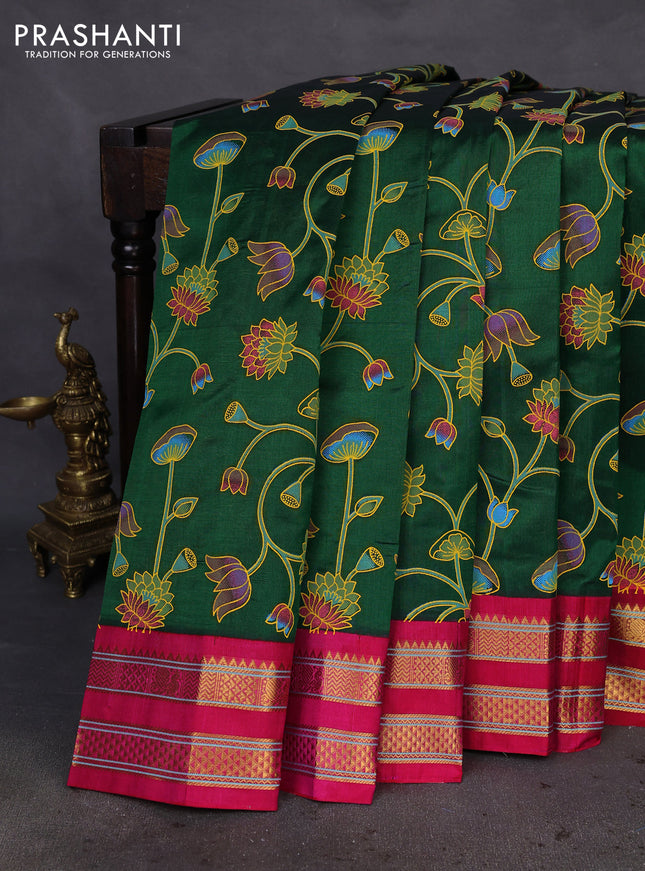 Silk cotton saree green and pink with allover pichwai prints and rettapet zari woven korvai border