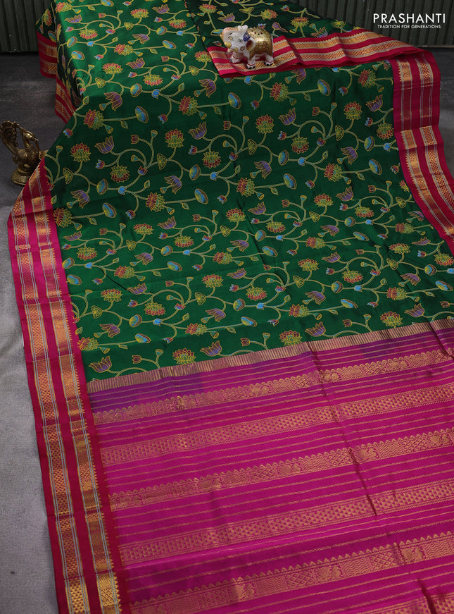Silk cotton saree green and pink with allover pichwai prints and rettapet zari woven korvai border