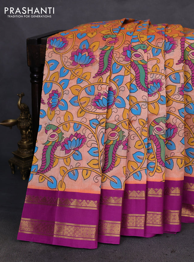 Silk cotton saree orange and purple with allover kalamkari prints & zari buttas and rettapet zari woven korvai border