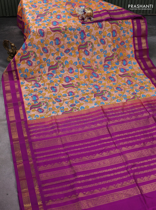Silk cotton saree orange and purple with allover kalamkari prints & zari buttas and rettapet zari woven korvai border