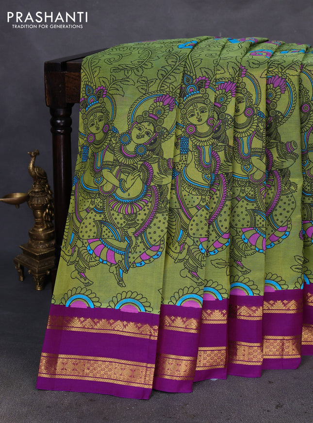 Silk cotton saree mehendi green and purple with allover kalamkari prints and rettapet zari woven korvai border