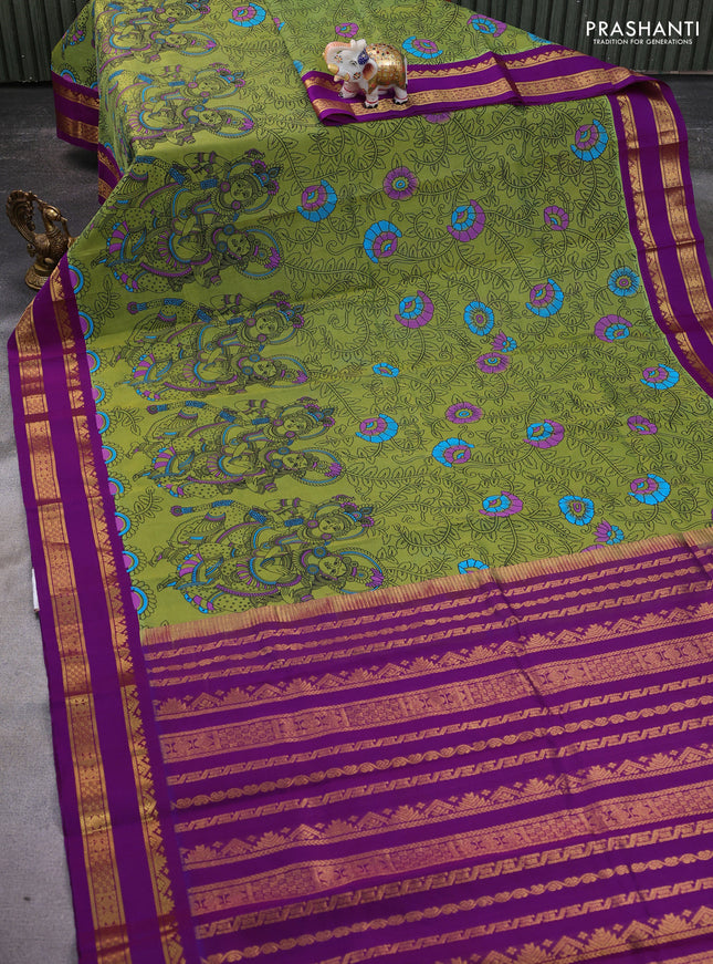 Silk cotton saree mehendi green and purple with allover kalamkari prints and rettapet zari woven korvai border