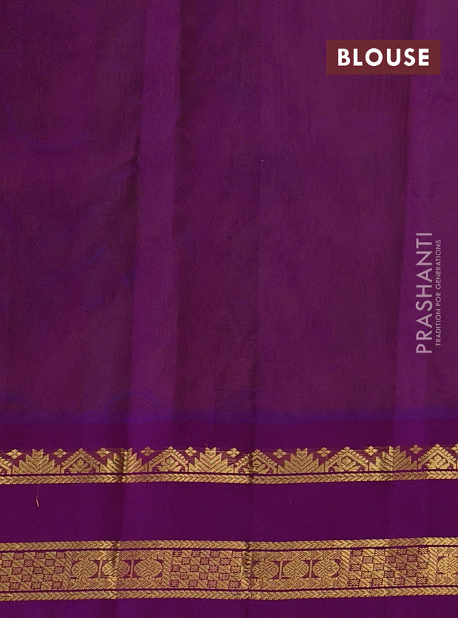 Silk cotton saree mehendi green and purple with allover kalamkari prints and rettapet zari woven korvai border