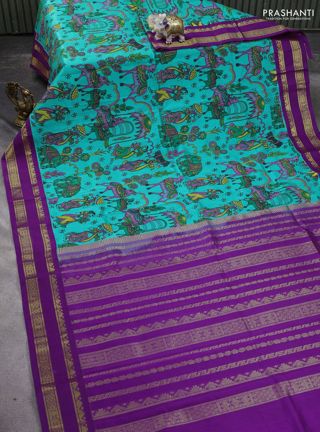 Silk cotton saree teal green and purple with allover kalamkari prints and rettapet zari woven korvai border
