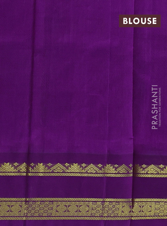 Silk cotton saree teal green and purple with allover kalamkari prints and rettapet zari woven korvai border