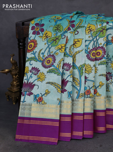 Silk cotton saree teal shade and purple with allover kalamkari prints and rettapet zari woven border