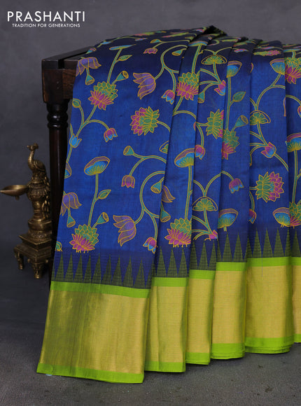 Silk cotton saree peacock blue and light green with allover pichwai prints and temple design zari woven border