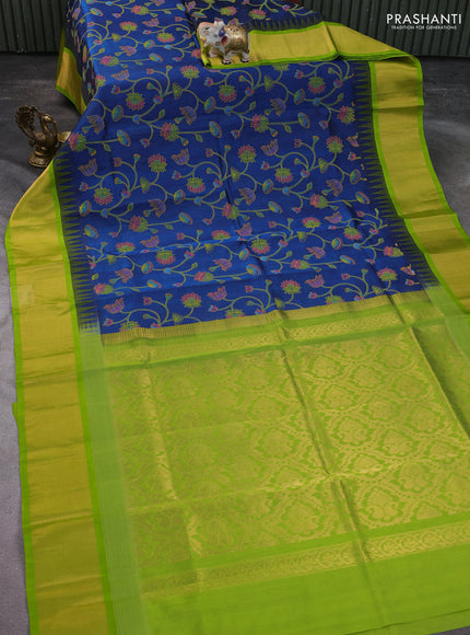 Silk cotton saree peacock blue and light green with allover pichwai prints and temple design zari woven border
