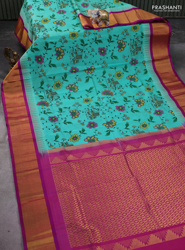 Silk cotton saree teal green and purple with allover kalamkari prints and temple design zari woven border