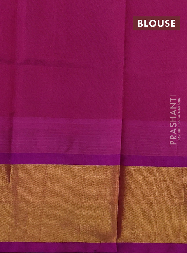 Silk cotton saree teal green and purple with allover kalamkari prints and temple design zari woven border