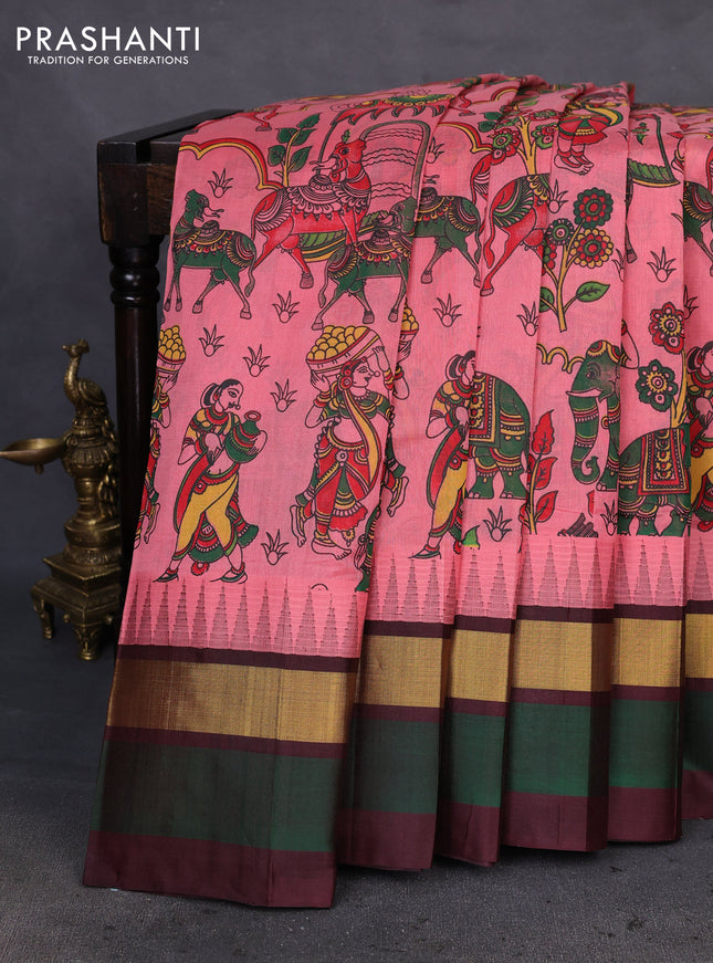 Silk cotton saree peach pink and maroon with allover kalamkari prints and temple design zari woven simple border