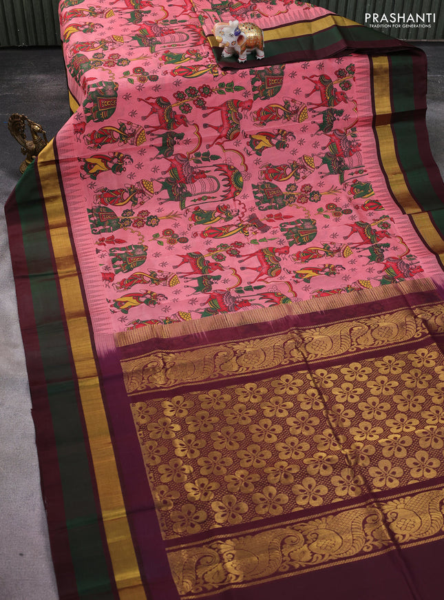 Silk cotton saree peach pink and maroon with allover kalamkari prints and temple design zari woven simple border