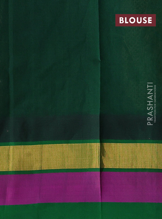 Silk cotton saree cream and green with allover kalamkari prints and temple design zari woven simple border