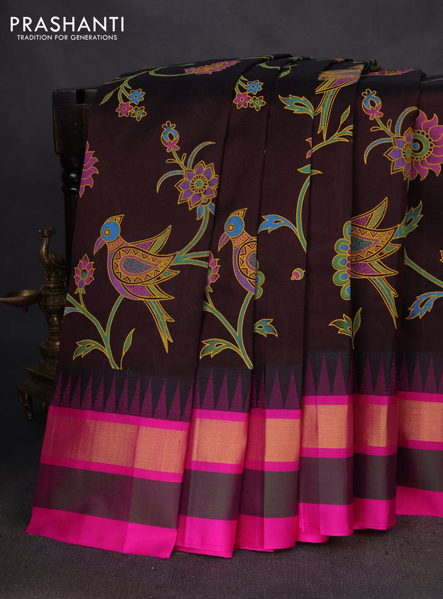 Silk cotton saree deep maroon and pink with allover kalamkari prints and temple design zari woven simple border