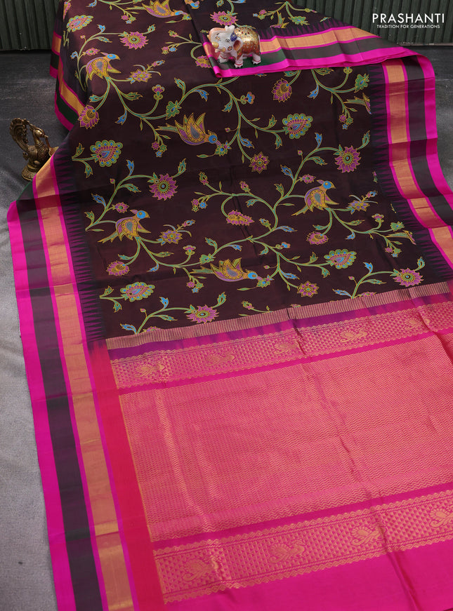 Silk cotton saree deep maroon and pink with allover kalamkari prints and temple design zari woven simple border