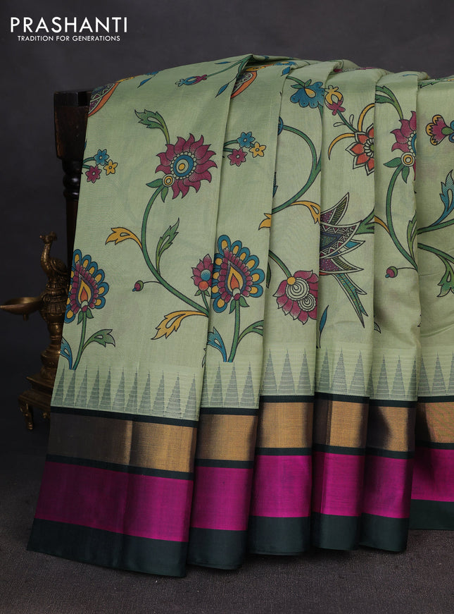 Silk cotton saree pastel green and dark green with allover kalamkari prints and temple design zari woven simple border