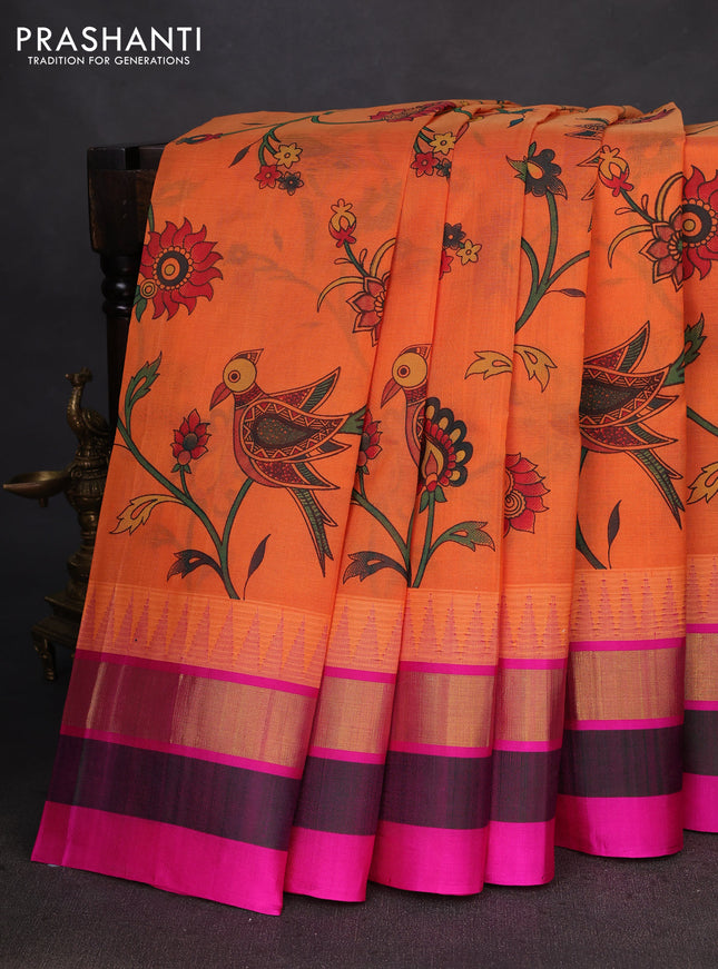 Silk cotton saree orange and pink with allover kalamkari prints and temple design zari woven simple border