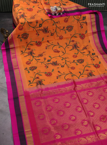 Silk cotton saree orange and pink with allover kalamkari prints and temple design zari woven simple border