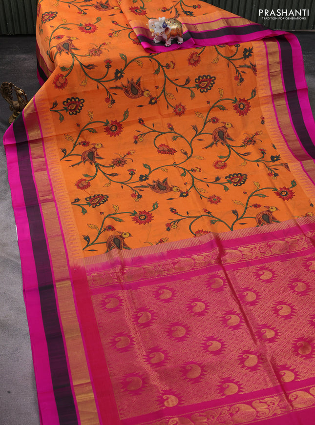 Silk cotton saree orange and pink with allover kalamkari prints and temple design zari woven simple border