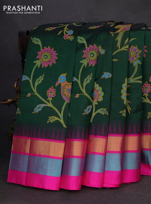 Silk cotton saree green and pink with allover kalamkari prints and temple design zari woven simple border
