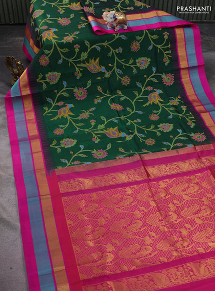 Silk cotton saree green and pink with allover kalamkari prints and temple design zari woven simple border