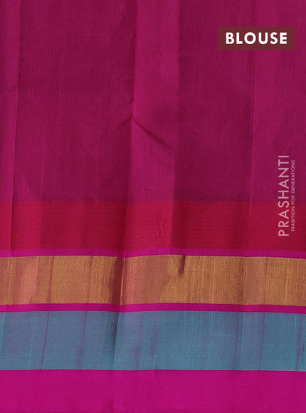 Silk cotton saree green and pink with allover kalamkari prints and temple design zari woven simple border
