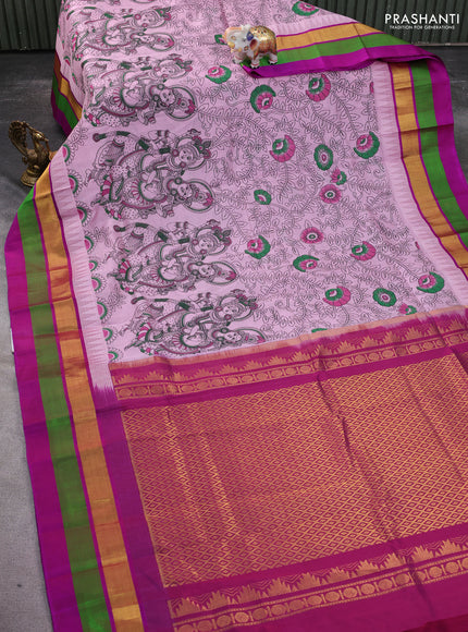 Silk cotton saree mild lavender and purple with allover kalamkari prints and temple design zari woven simple border