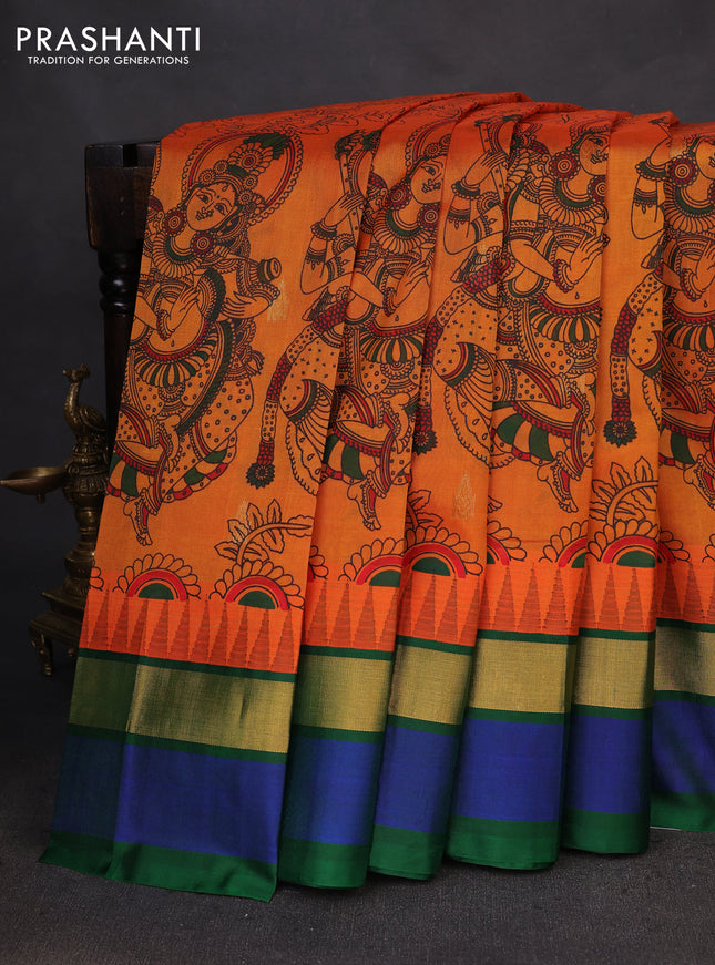 Silk cotton saree orange and dark green with allover kalamkari prints and temple design zari woven simple border