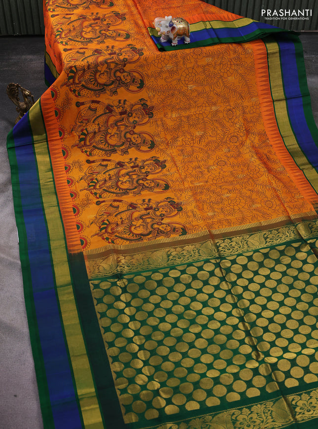 Silk cotton saree orange and dark green with allover kalamkari prints and temple design zari woven simple border