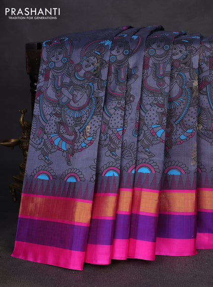 Silk cotton saree grey and pink with allover kalamkari prints and temple design zari woven simple border