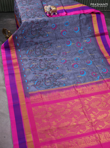 Silk cotton saree grey and pink with allover kalamkari prints and temple design zari woven simple border