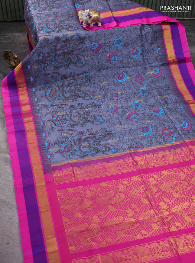 Silk cotton saree grey and pink with allover kalamkari prints and temple design zari woven simple border